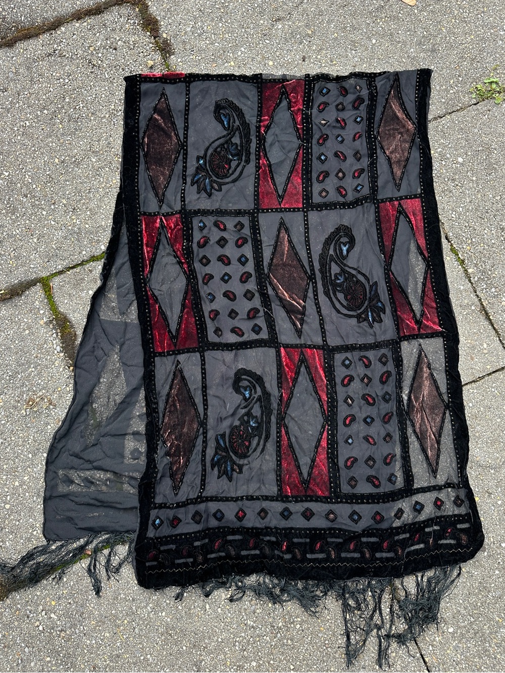 Vintage Silk Blend Velvet Burnout Patchwork Scarf with Fringes - Gothic Boho